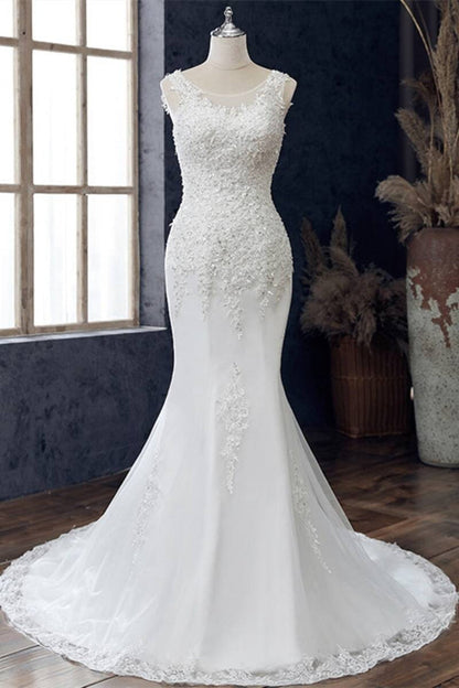 White Lace Round Neck Sleeveless Trumpet Wedding Dress Long