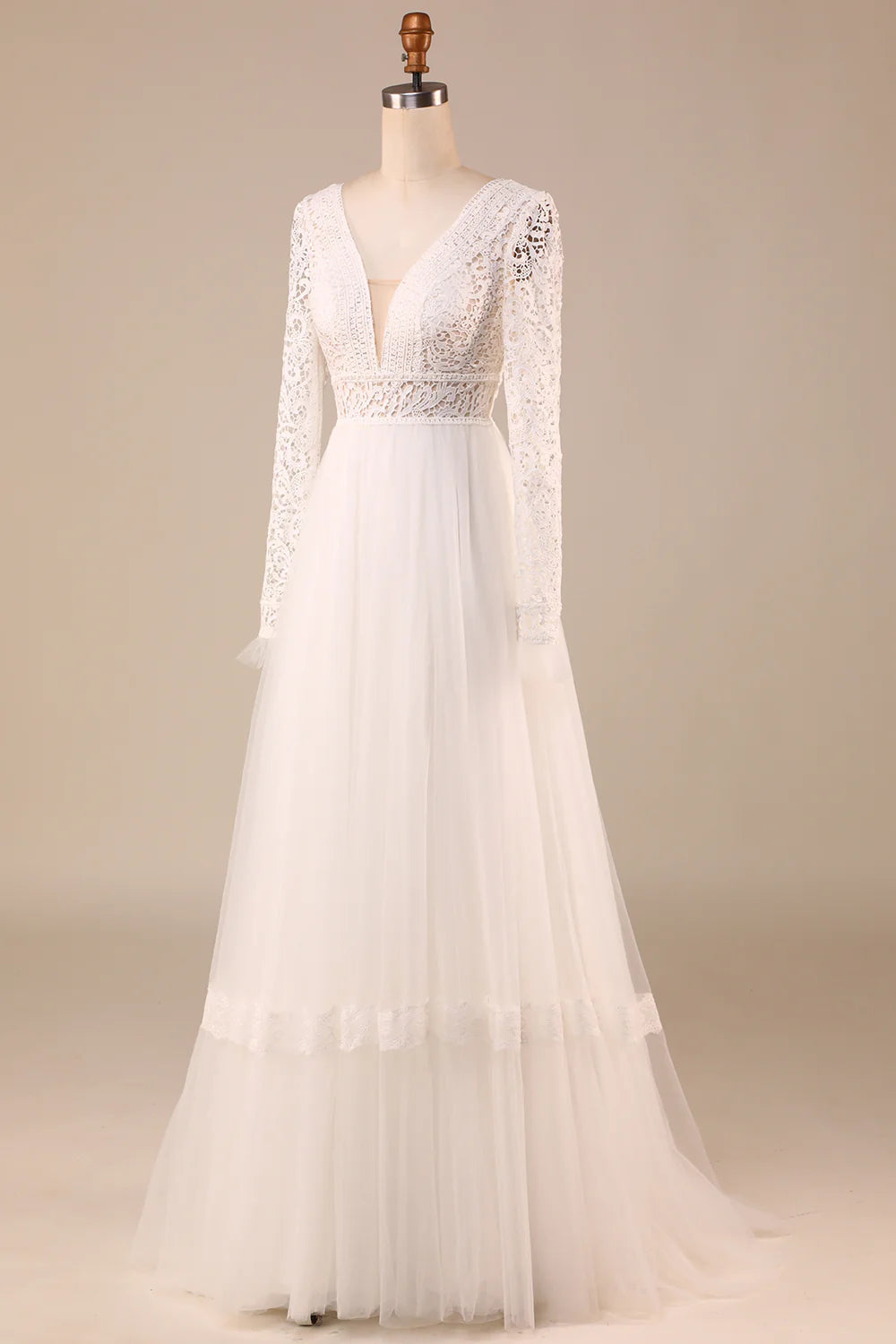 A-Line Long Sleeves Wedding Dress with Lace V-neck