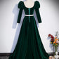 A-Line Evening Gown Maxi Dress Formal Floor Length Long Sleeve Square Neck Velvet with Pleats Crystals