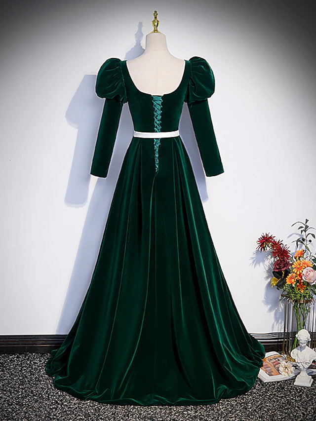 A-Line Evening Gown Maxi Dress Formal Floor Length Long Sleeve Square Neck Velvet with Pleats Crystals