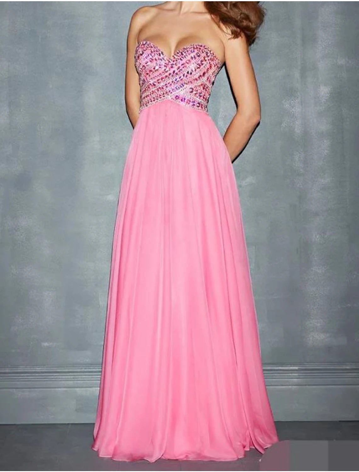 A-Line Evening Gown Glittering Dress Wedding Guest Sweep / Brush Train Sleeveless Sweetheart Chiffon with Rhinestone Beading