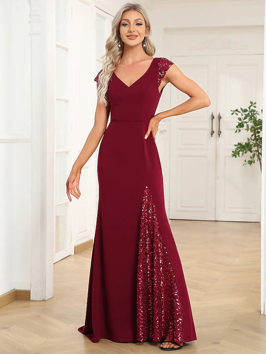 Mermaid / Trumpet Evening Gown Vintage Dress Party Wear Floor Length Short Sleeve V Neck Sequined with Pleats
