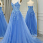 A Line Tulle Long Prom Dress With Appliques Pure Color Sexy