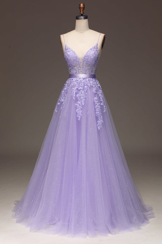 Princess Purple Long Appliqued Prom Dress With Sash Open Back