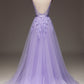 Princess Purple Long Appliqued Prom Dress With Sash Open Back