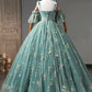 Green Floral Tulle Long Prom Dress Cute Off Shoulder Evening Party Dress Beautiful
