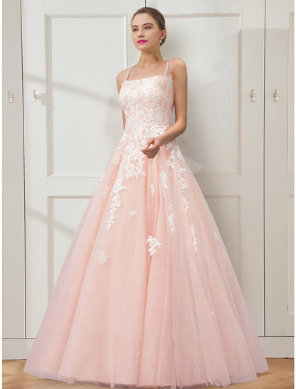 Ball Gown Prom Dresses Floral Dress Masquerade Floor Length Sleeveless Spaghetti Strap Tulle Crisscross Back