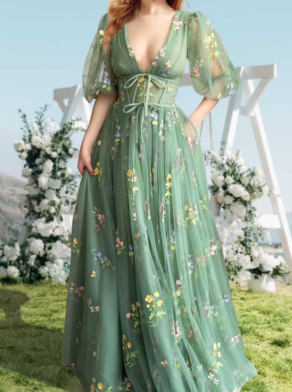 A-Line/Princess V-Neck Short Sleeves Floral Long Formal Prom Dresses With Flowers Sexy