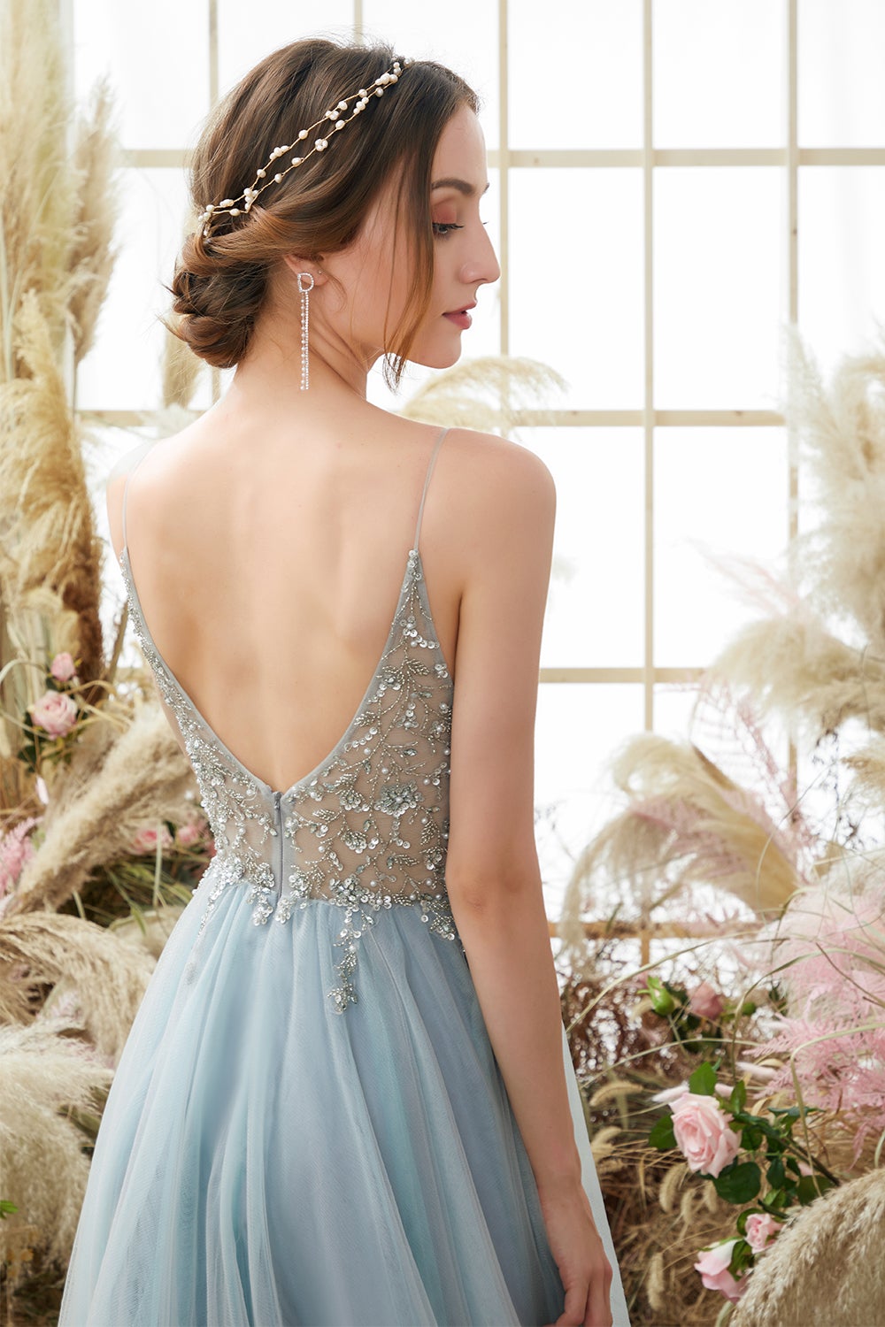 Lavender Tulle A-line Prom Dress with Beading Open Back Long Sexy