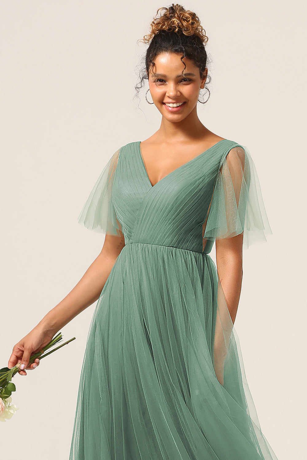 Eucalyptus A Line V Neck Floor Length Tulle Bridesmaid Dress Sexy Party Dresses