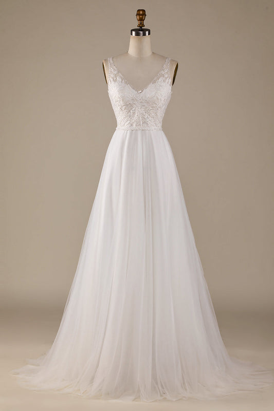 Ivory A Line V-Neck Tulle Sweep Train Wedding Dress with Lace Open Back