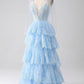Spaghetti Straps Dark Blue Tiered Sequined Prom Dress with Appliques Sexy