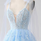 Spaghetti Straps Dark Blue Tiered Sequined Prom Dress with Appliques Sexy
