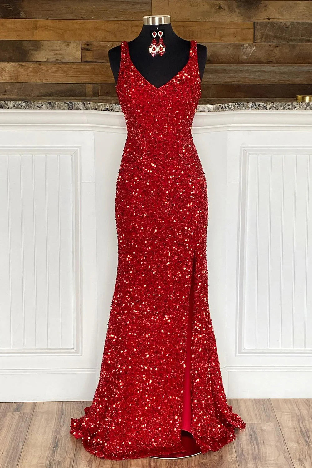 Sheath Spaghetti Straps Sequins Prom Dress with Split Front Sparkly Long