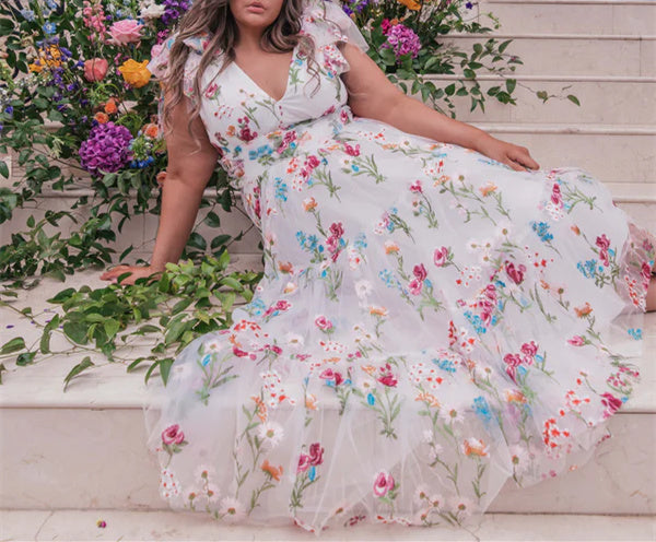 A-Line/Princess V-Neck Short Sleeves Floral Formal Party Dresses With Flowers Beautiful