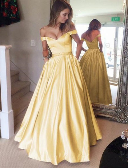 Ball Gown Elegant Prom Formal Evening Dress Off Shoulder Backless Short Sleeve Floor Length Satin with Pleats