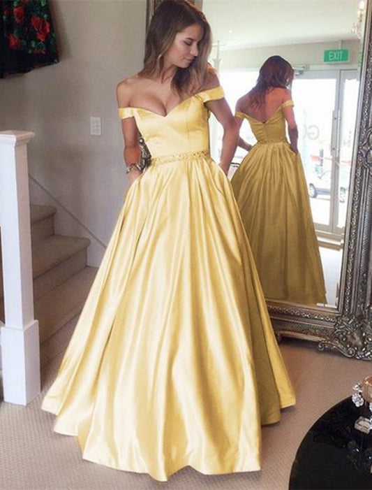 Ball Gown Elegant Prom Formal Evening Dress Off Shoulder Backless Short Sleeve Floor Length Satin with Pleats