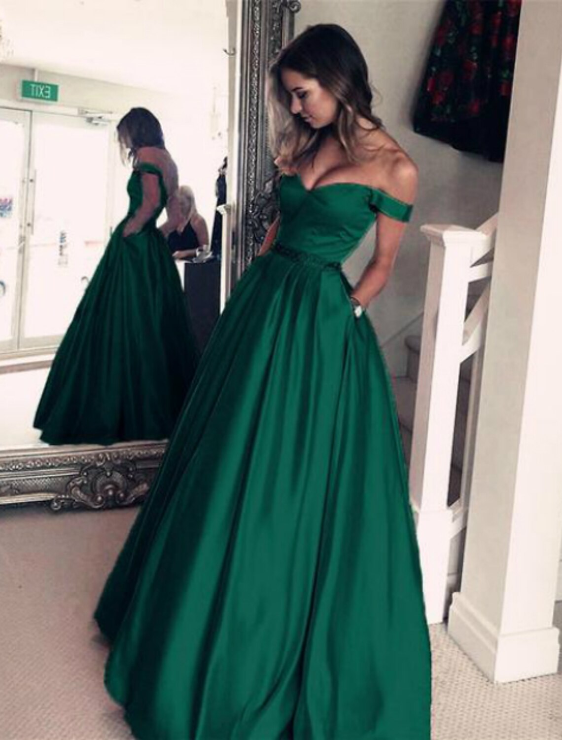 Ball Gown Elegant Prom Formal Evening Dress Off Shoulder Backless Short Sleeve Floor Length Satin with Pleats