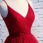 A line Red Ruffles Spaghetti Straps V Neck Prom Dresses Backless Long Evening Dresses Sparkly