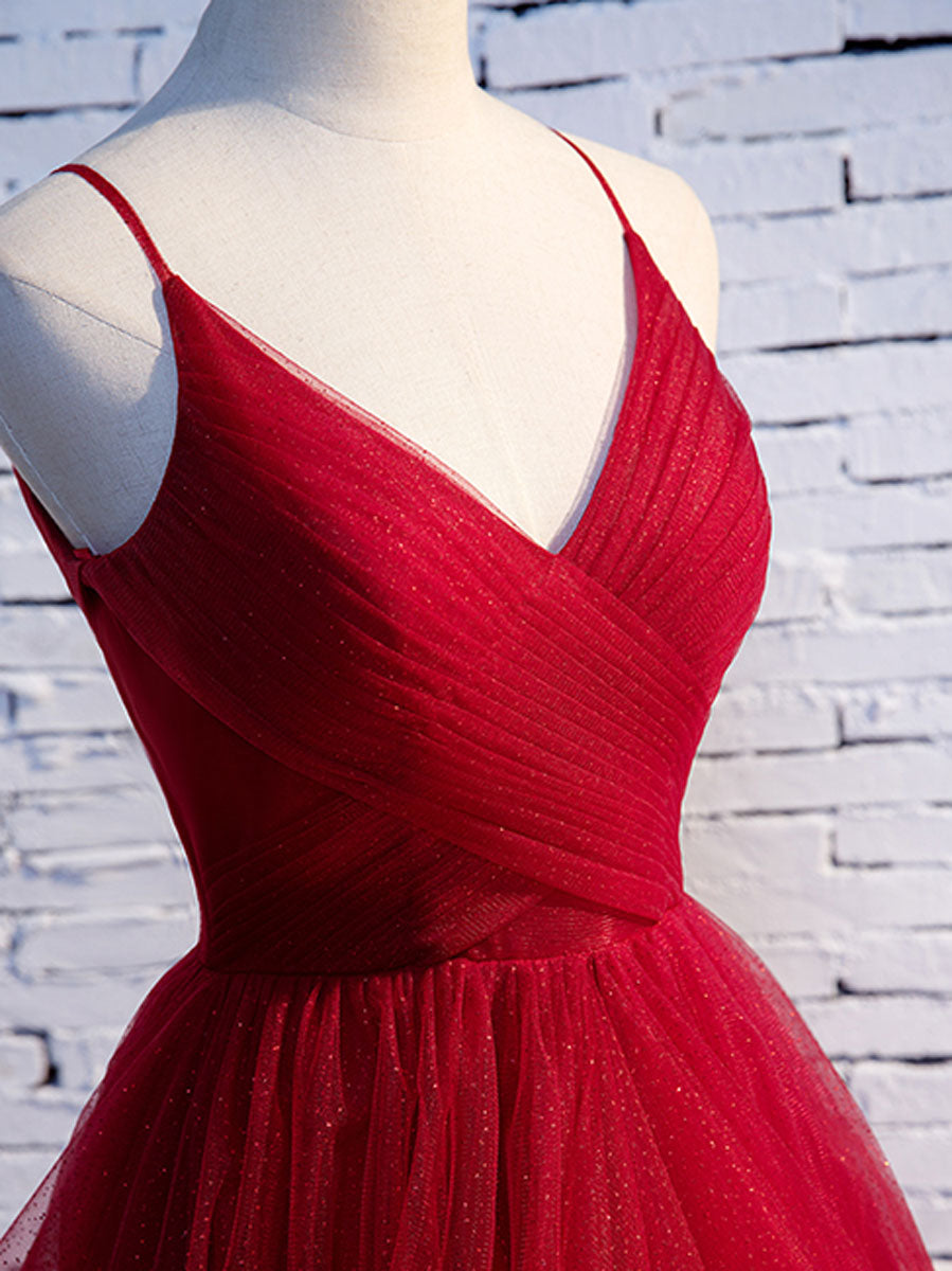 A line Red Ruffles Spaghetti Straps V Neck Prom Dresses Backless Long Evening Dresses Sparkly