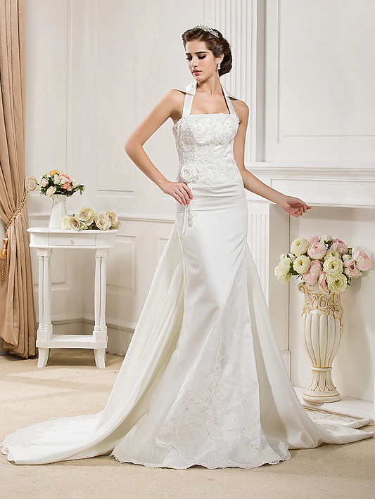 Long Wedding Dresses Halter Neck Court Train Satin Sleeveless