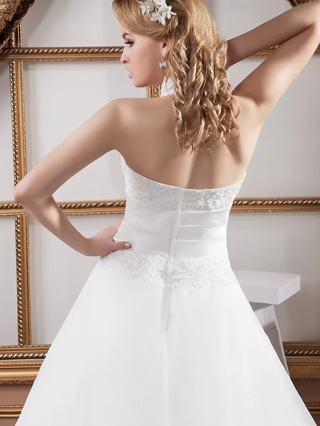 A-Line Wedding Dresses High Neck Court Train Lace Satin Tulle Regular Straps with Ruched Beading