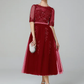 A-Line Sparkle Wedding Guest Formal Evening Dress Illusion Neck Sleeveless Tea Length Lace Over Tulle with Sequin