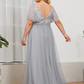 A-Line Plunging Neck Floor Length Tulle Sequined Plus Size Bridesmaid Dress with Sequin Sexy