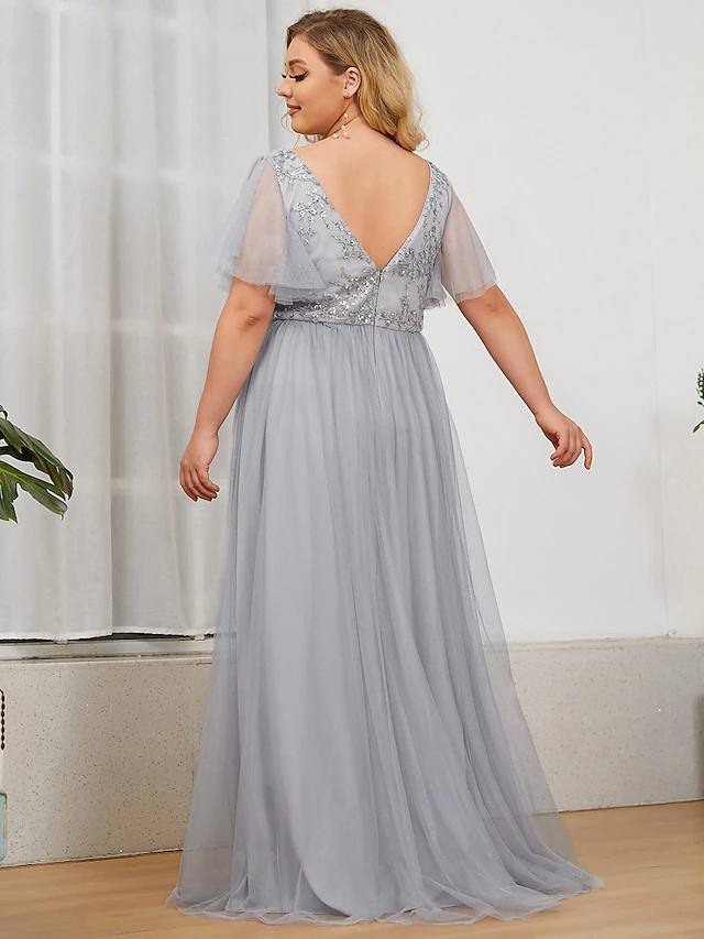 A-Line Plunging Neck Floor Length Tulle Sequined Plus Size Bridesmaid Dress with Sequin Sexy