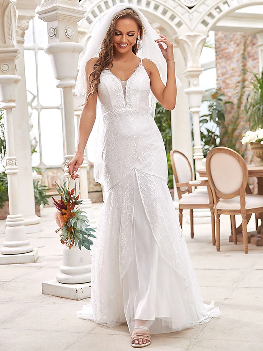 Long Wedding Dresses V Neck Lace Tulle Sleeveless Romantic with Lace