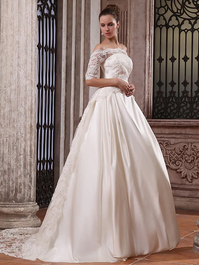 Ball Gown Wedding Dresses Scalloped-Edge Off Shoulder Court Train Satin Half