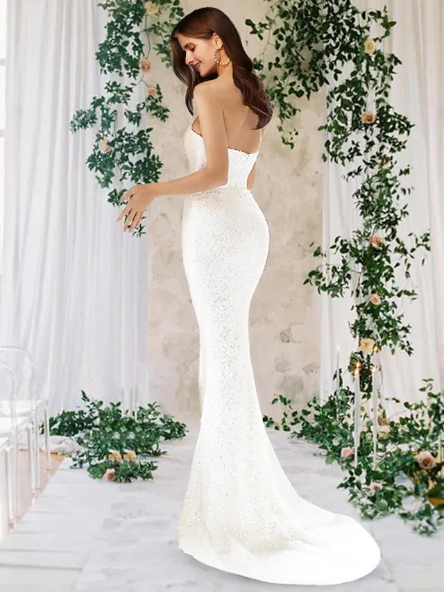 Wedding Dresses One Shoulder Court Train Detachable Satin Sequined Sleeveless Country Romantic Sparkle & Shine