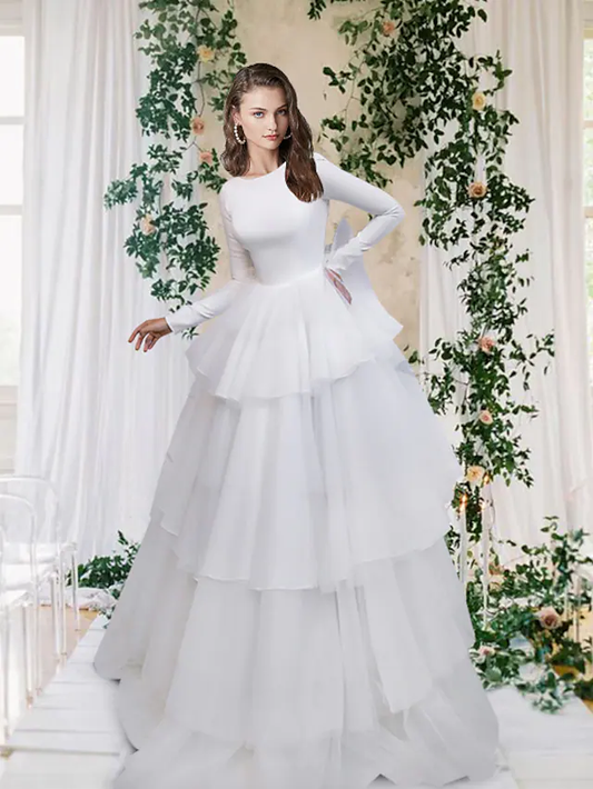 A-Line Wedding Dresses Jewel Neck Tulle Italy Satin Long Sleeve Formal Simple Luxurious Backless with Cascading