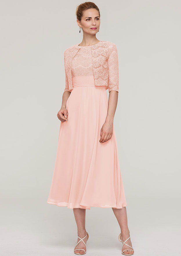 A-linePrincess Scoop Neck Sleeveless Tea-Length Chiffon Mother of the Bride Dress With Lace Jack Shortet