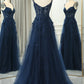 A-Line Spaghetti Straps Back Long Prom Dress With Appliques V-neck