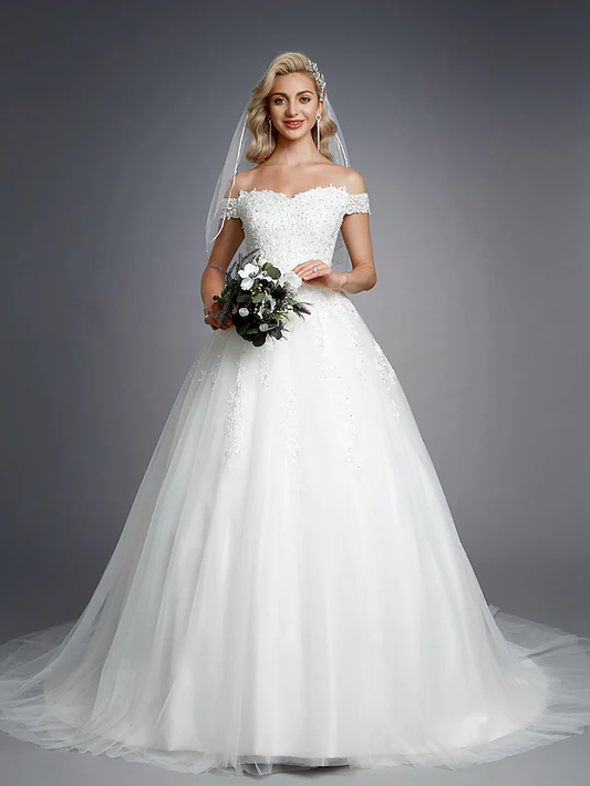 Ball Gown Wedding Dresses Off Shoulder Court Train Lace Tulle Short Sleeve Romantic Sparkle & Shine with Beading