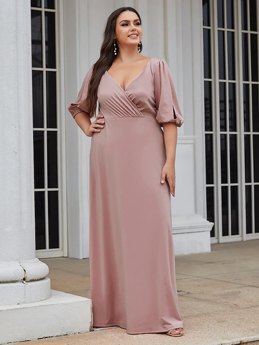 A-Line V Neck Floor Length Satin Stretch Satin Bridesmaid Dress with Ruching Plus Size