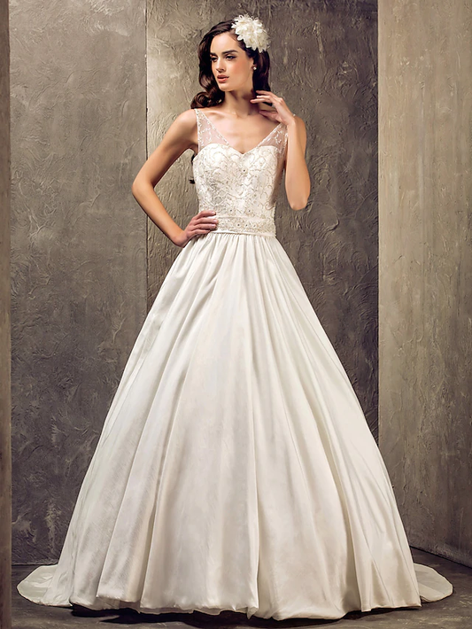 Princess A-Line Wedding Dresses V Neck Lace Taffeta Sleeveless Long
