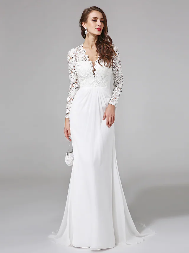 Wedding Dresses V NeckChiffon Floral Lace Long Sleeve Romantic Boho Illusion Sleeve with Lace