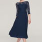 A-linePrincess Bateau 34 Sleeve Tea-Length Chiffon Mother of the Bride Dress With Beading Lace Pure Color