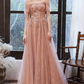 A-Line Evening Gown Glittering Dress Engagement Floor Length Short Sleeve Off Shoulder Spandex