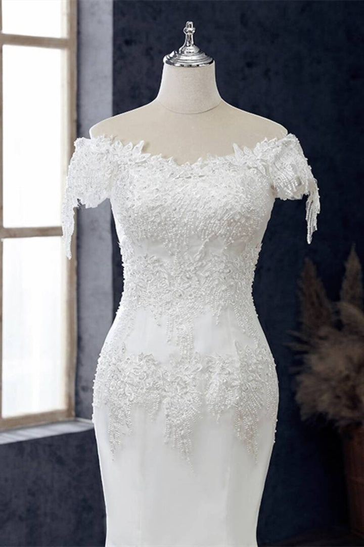 White Appliques Off-the-Shoulder Cap Sleeve Trumpet Wedding Dress Long
