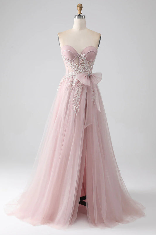 A Line Strapless Tulle Prom Dress Off Shoulder Long With Bow(s)