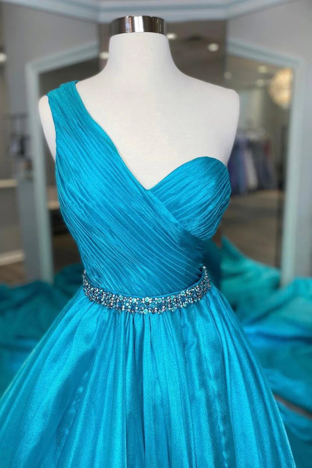 A Line Prom Dress with Beading Waist Long Pure Color