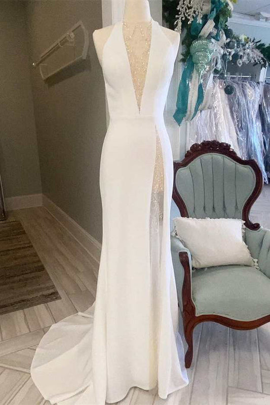 White Halter Open Back Mermaid Long Wedding Dress V-neck