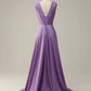 A-Line V-Neck Long Glitter Prom Dress With Pleating Pure Color