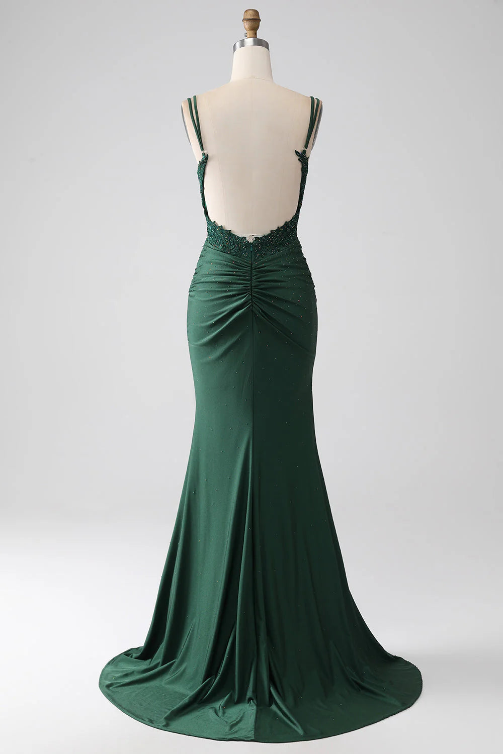 Mermaid Spaghetti Straps Long Corset Prom Dress Sexy Dark Green