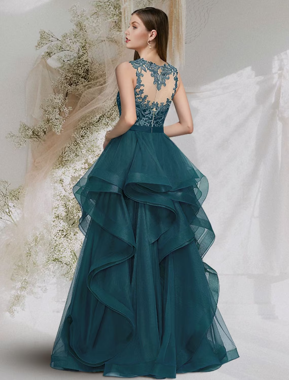 Ball Gown Cut Out Sexy Prom Formal Evening Dress Jewel Neck Sleeveless Floor Length Tulle with Lace