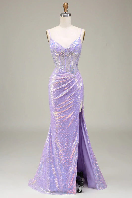 Mermaid LighT Corset Prom Dress with Slit V-neck Sparkly Long