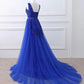 Light Grey Long Party Dress New Prom Dress A Line Sleeveless Royal Blue Evening Dress with Appliques